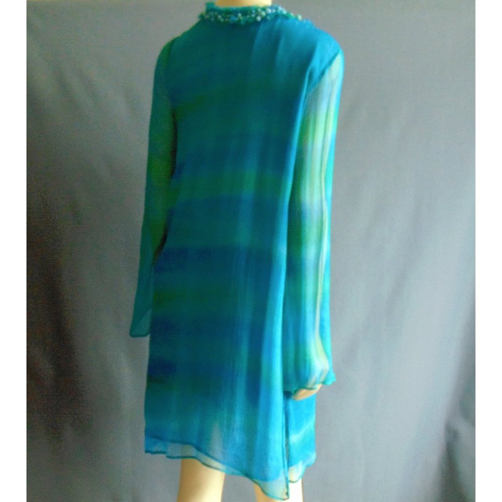 Dana Buchman Silk Aqua Beaded Tunic Dress 12 - Picture 4 of 7